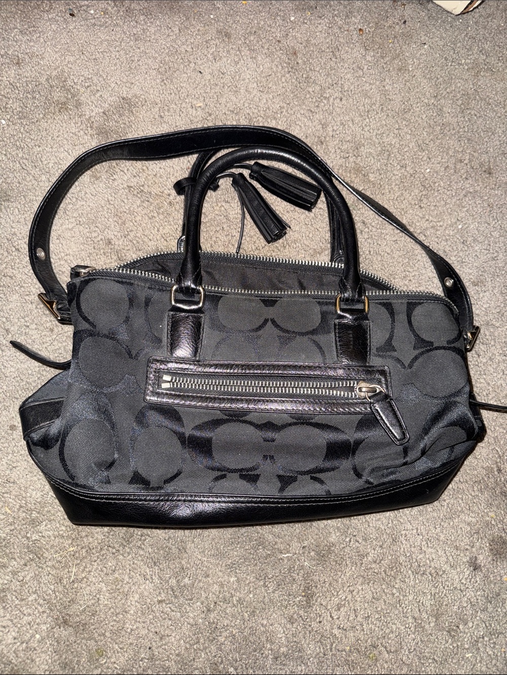 Coach Black Signature Satchel with Tassel Zip Pocket